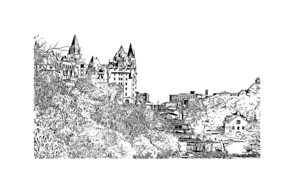 印刷オタワのランドマークとビルの景色はカナダの首都です 手描きのスケッチ図ベクトル — ストックベクタ