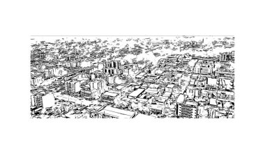 Print Building view with landmark of Ouagadougou, Burkina Faso 'nun başkenti. Vektörde elle çizilmiş çizim çizimi.
