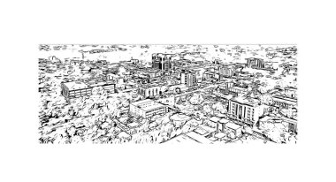 Print Building view with landmark of Ouagadougou, Burkina Faso 'nun başkenti. Vektörde elle çizilmiş çizim çizimi.