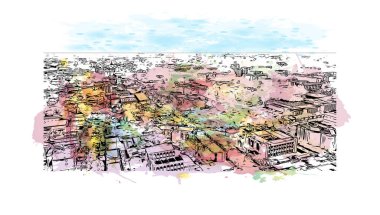 Print Building view with landmark of Ouagadougou, Burkina Faso 'nun başkenti. Vektörde elle çizilmiş resim ile suluboya sıçraması.