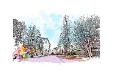 Print Building view of the landmark of Oulu orta Finlandiya 'da bir şehirdir. Vektörde elle çizilmiş resim ile suluboya sıçraması.