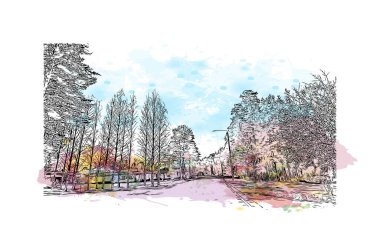 Print Building view of the landmark of Oulu orta Finlandiya 'da bir şehirdir. Vektörde elle çizilmiş resim ile suluboya sıçraması.