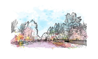 Print Building view of the landmark of Oulu orta Finlandiya 'da bir şehirdir. Vektörde elle çizilmiş resim ile suluboya sıçraması.