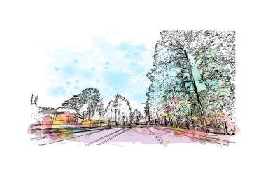 Print Building view of the landmark of Oulu orta Finlandiya 'da bir şehirdir. Vektörde elle çizilmiş resim ile suluboya sıçraması.