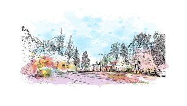 Print Building view of the landmark of Oulu orta Finlandiya 'da bir şehirdir. Vektörde elle çizilmiş resim ile suluboya sıçraması