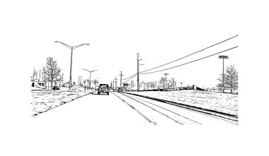 Overland Park 'ın simgesi olan Print Building View Kansas' ta bulunmaktadır. Vektörde elle çizilmiş çizim çizimi.