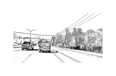 Overland Park 'ın simgesi olan Print Building View Kansas' ta bulunmaktadır. Vektörde elle çizilmiş resim ile suluboya sıçraması.