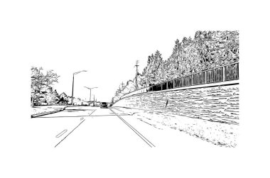 Overland Park 'ın simgesi olan Print Building View Kansas' ta bulunmaktadır. Vektörde elle çizilmiş resim ile suluboya sıçraması.