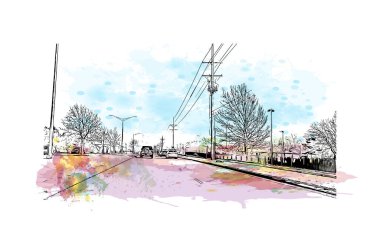 Overland Park 'ın simgesi olan Print Building View Kansas' ta bulunmaktadır. Vektörde elle çizilmiş resim ile suluboya sıçraması.