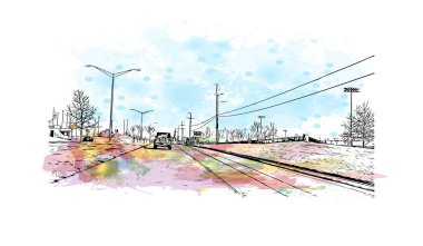 Overland Park 'ın simgesi olan Print Building View Kansas' ta bulunmaktadır. Vektörde elle çizilmiş resim ile suluboya sıçraması.