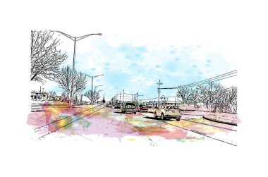Overland Park 'ın simgesi olan Print Building View Kansas' ta bulunmaktadır. Vektörde elle çizilmiş resim ile suluboya sıçraması.