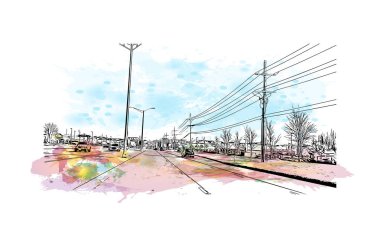 Overland Park 'ın simgesi olan Print Building View Kansas' ta bulunmaktadır. Vektörde elle çizilmiş resim ile suluboya sıçraması.