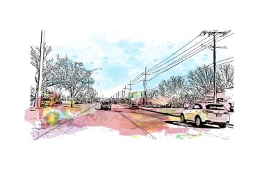 Overland Park 'ın simgesi olan Print Building View Kansas' ta bulunmaktadır. Vektörde elle çizilmiş resim ile suluboya sıçraması.
