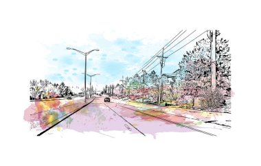 Overland Park 'ın simgesi olan Print Building View Kansas' ta bulunmaktadır. Vektörde elle çizilmiş resim ile suluboya sıçraması.