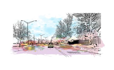 Overland Park 'ın simgesi olan Print Building View Kansas' ta bulunmaktadır. Vektörde elle çizilmiş resim ile suluboya sıçraması.