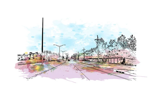 Overland Park 'ın simgesi olan Print Building View Kansas' ta bulunmaktadır. Vektörde elle çizilmiş resim ile suluboya sıçraması.