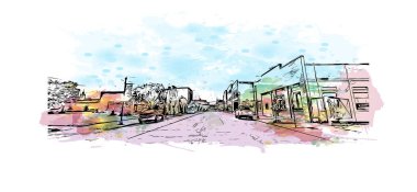 Owensboro 'nun simgesi olan Print Building View Kentucky' de bulunmaktadır. Vektörde elle çizilmiş resim ile suluboya sıçraması.