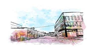 Owensboro 'nun simgesi olan Print Building View Kentucky' de bulunmaktadır. Vektörde elle çizilmiş resim ile suluboya sıçraması.