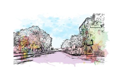 Owensboro 'nun simgesi olan Print Building View Kentucky' de bulunmaktadır. Vektörde elle çizilmiş resim ile suluboya sıçraması.