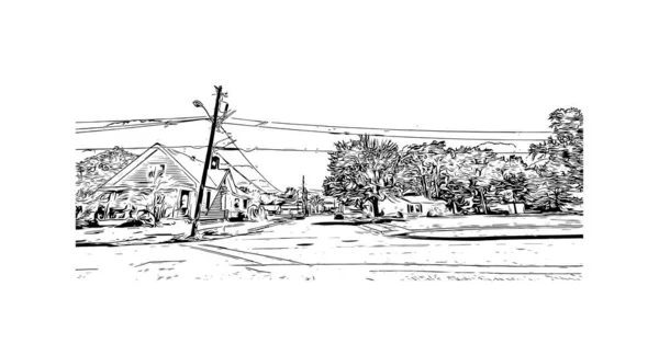 オーバーランドパークのランドマークと印刷建物のビューは カンザス州の都市です 手描きのスケッチ図ベクトル — ストックベクタ