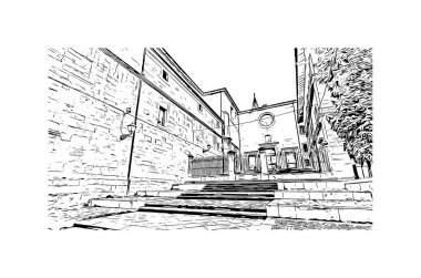 Print Building view, İspanya 'nın kuzeybatısında yer alan bir şehirdir. Vektörde elle çizilmiş çizim çizimi.