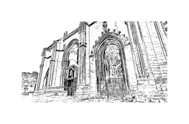 Print Building view, İspanya 'nın kuzeybatısında yer alan bir şehirdir. Vektörde elle çizilmiş çizim çizimi.