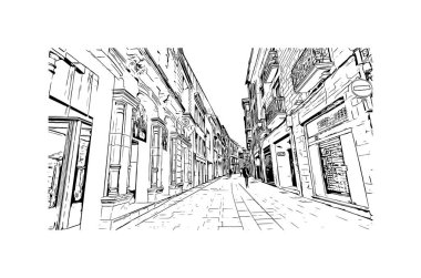 Print Building view, İspanya 'nın kuzeybatısında yer alan bir şehirdir. Vektörde elle çizilmiş çizim çizimi.