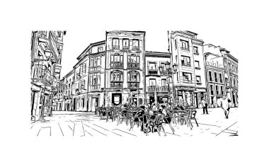 Print Building view, İspanya 'nın kuzeybatısında yer alan bir şehirdir. Vektörde elle çizilmiş çizim çizimi.