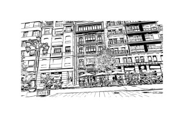 Print Building view, İspanya 'nın kuzeybatısında yer alan bir şehirdir. Vektörde elle çizilmiş çizim çizimi.