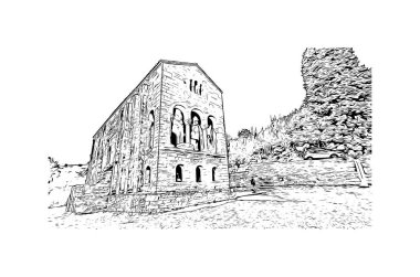 Print Building view, İspanya 'nın kuzeybatısında yer alan bir şehirdir. Vektörde elle çizilmiş çizim çizimi.