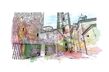 Print Building view, İspanya 'nın kuzeybatısında yer alan bir şehirdir. Vektörde elle çizilmiş resim ile suluboya sıçraması.