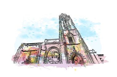 Print Building view, İspanya 'nın kuzeybatısında yer alan bir şehirdir. Vektörde elle çizilmiş resim ile suluboya sıçraması.