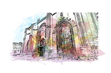 Print Building view, İspanya 'nın kuzeybatısında yer alan bir şehirdir. Vektörde elle çizilmiş resim ile suluboya sıçraması.