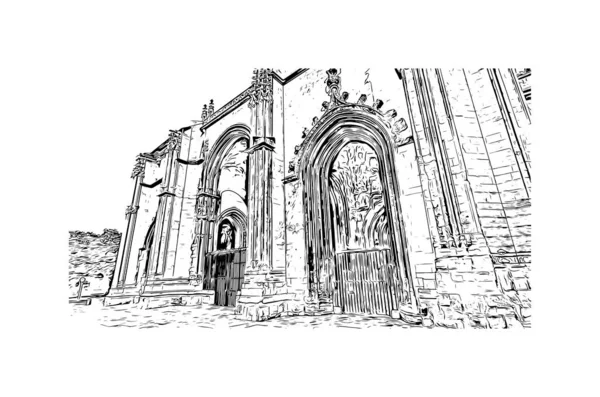 Print Building view, İspanya 'nın kuzeybatısında yer alan bir şehirdir. Vektörde elle çizilmiş çizim çizimi.