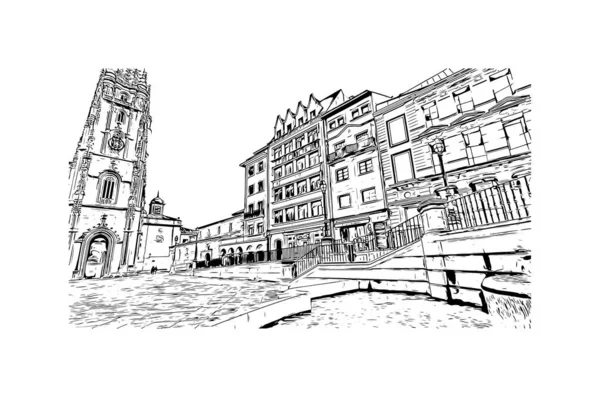 奥维耶多的标志性建筑是西班牙西北部的一个城镇 矢量手绘草图 — 图库矢量图片