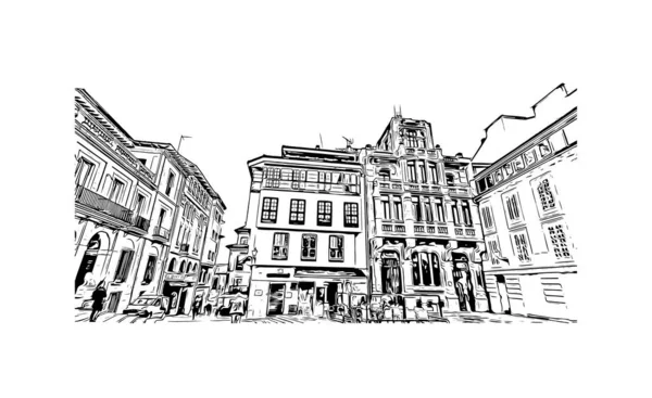 Print Building View Landmark Oviedo Stad Nordvästra Spanien Handritad Skiss — Stock vektor