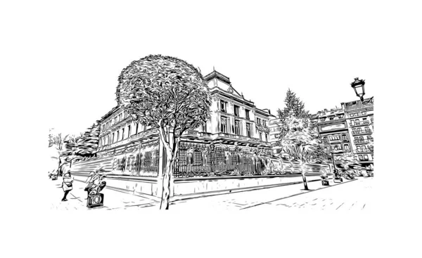 Print Building View Landmark Oviedo Stad Nordvästra Spanien Handritad Skiss — Stock vektor