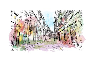 Print Building view, İspanya 'nın kuzeybatısında yer alan bir şehirdir. Vektörde elle çizilmiş resim ile suluboya sıçraması.