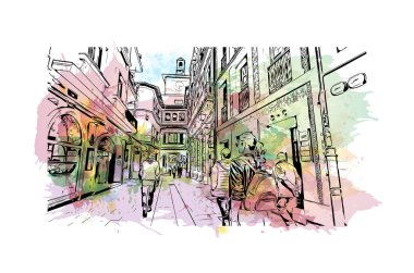 Print Building view, İspanya 'nın kuzeybatısında yer alan bir şehirdir. Vektörde elle çizilmiş resim ile suluboya sıçraması.