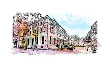 Print Building view, İspanya 'nın kuzeybatısında yer alan bir şehirdir. Vektörde elle çizilmiş resim ile suluboya sıçraması.