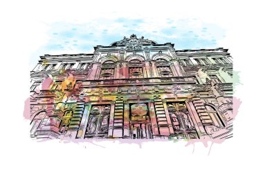 Print Building view, İspanya 'nın kuzeybatısında yer alan bir şehirdir. Vektörde elle çizilmiş resim ile suluboya sıçraması.