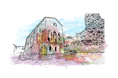 Print Building view, İspanya 'nın kuzeybatısında yer alan bir şehirdir. Vektörde elle çizilmiş resim ile suluboya sıçraması.