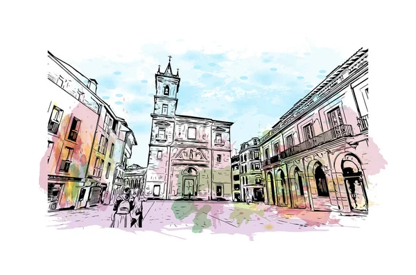 Print Building View Landmark Oviedo Stad Nordvästra Spanien Akvarell Stänk — Stock vektor