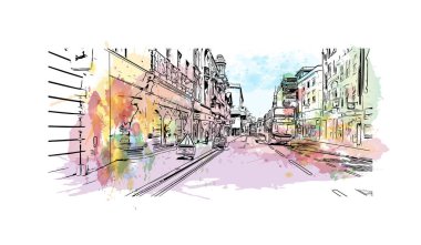 Oxford 'un simgesi olan Print Building View İngiltere' de bulunmaktadır. Vektörde elle çizilmiş resim ile suluboya sıçraması.