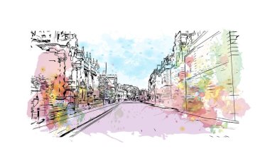 Oxford 'un simgesi olan Print Building View İngiltere' de bulunmaktadır. Vektörde elle çizilmiş resim ile suluboya sıçraması.
