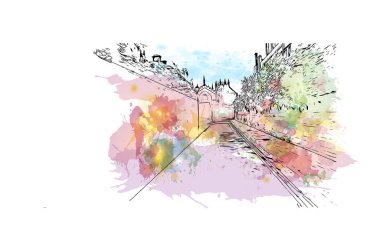 Oxford 'un simgesi olan Print Building View İngiltere' de bulunmaktadır. Vektörde elle çizilmiş resim ile suluboya sıçraması.