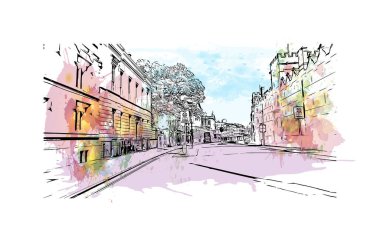 Oxford 'un simgesi olan Print Building View İngiltere' de bulunmaktadır. Vektörde elle çizilmiş resim ile suluboya sıçraması.