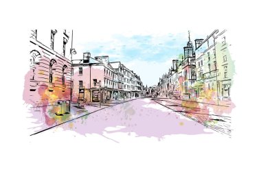 Oxford 'un simgesi olan Print Building View İngiltere' de bulunmaktadır. Vektörde elle çizilmiş resim ile suluboya sıçraması.