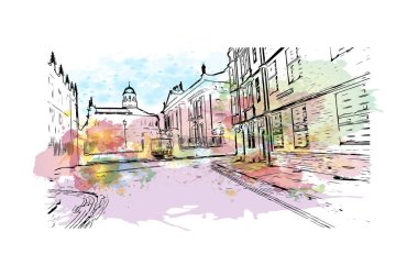 Oxford 'un simgesi olan Print Building View İngiltere' de bulunmaktadır. Vektörde elle çizilmiş resim ile suluboya sıçraması.