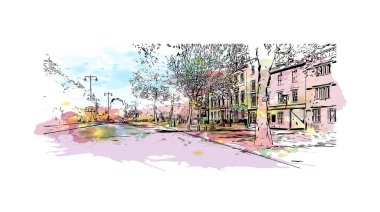 Oxford 'un simgesi olan Print Building View İngiltere' de bulunmaktadır. Vektörde elle çizilmiş resim ile suluboya sıçraması.